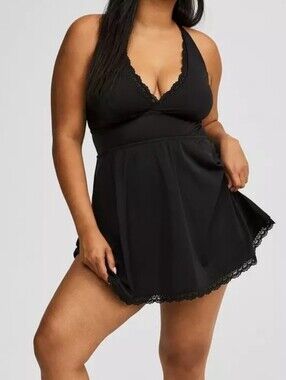 Torrid Swim Dress With Brief And Padding Criss Cross Straps Black Lacy Size 2 2X